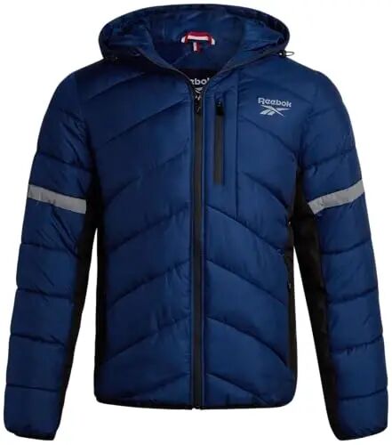Reebok Mens Puffer Jacket Midweight Hooded Coat with Softshell Panels | Soft-Touch Insulation For Daily Warmth, Adjustable Drawcord Hood and Three Pockets To Keep Everyday Essentials Close - Reebok