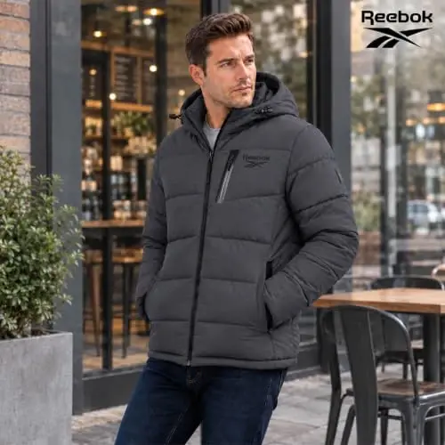 Reebok Mens Puffer Jacket Water & Wind Resistant Hooded Stretch Winter Coat | Soft Insulation with High-Stretch Shell That Moves With You, Rib-Knit Storm Cuffs and Three Zip Pockets for Daily Essentials - 3