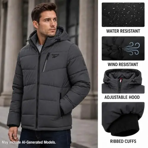 Reebok Mens Puffer Jacket Water & Wind Resistant Hooded Stretch Winter Coat | Soft Insulation with High-Stretch Shell That Moves With You, Rib-Knit Storm Cuffs and Three Zip Pockets for Daily Essentials - 5