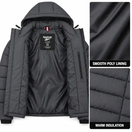 Reebok Mens Puffer Jacket Water & Wind Resistant Hooded Stretch Winter Coat | Soft Insulation with High-Stretch Shell That Moves With You, Rib-Knit Storm Cuffs and Three Zip Pockets for Daily Essentials - 6