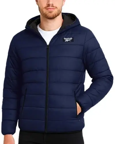 Reebok Mens Puffer Jacket - Weather Resistant Lightweight Quilted Warm Hooded Mens Winter Coats - Insulated Jackets for Men 