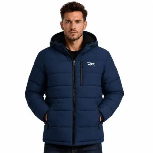 Reebok Mens Sherpa Puffer Jacket, Water & Wind Resistant with Attached Hood | Weather-Resistant Taffeta Quilted Shell, Vislon Zippers with Logo Pullers, Lycra-Bound Hood, Cuffs & Hem - 1