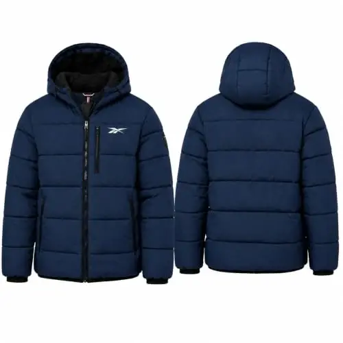 Reebok Mens Sherpa Puffer Jacket, Water & Wind Resistant with Attached Hood | Weather-Resistant Taffeta Quilted Shell, Vislon Zippers with Logo Pullers, Lycra-Bound Hood, Cuffs & Hem - 3