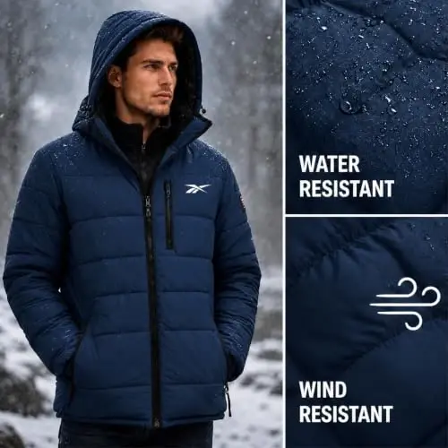 Reebok Mens Sherpa Puffer Jacket, Water & Wind Resistant with Attached Hood | Weather-Resistant Taffeta Quilted Shell, Vislon Zippers with Logo Pullers, Lycra-Bound Hood, Cuffs & Hem - 4