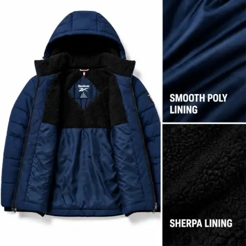 Reebok Mens Sherpa Puffer Jacket, Water & Wind Resistant with Attached Hood | Weather-Resistant Taffeta Quilted Shell, Vislon Zippers with Logo Pullers, Lycra-Bound Hood, Cuffs & Hem - 5