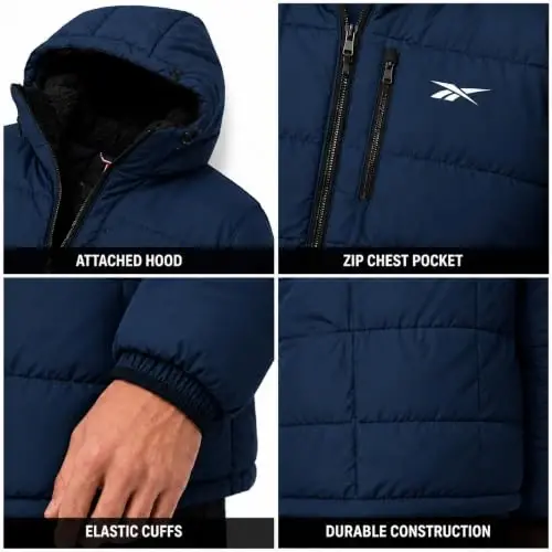 Reebok Mens Sherpa Puffer Jacket, Water & Wind Resistant with Attached Hood | Weather-Resistant Taffeta Quilted Shell, Vislon Zippers with Logo Pullers, Lycra-Bound Hood, Cuffs & Hem - 6