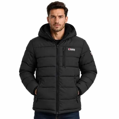 Reebok Mens Sherpa Puffer Jacket, Water & Wind Resistant with Attached Hood | Weather-Resistant Taffeta Quilted Shell, Vislon Zippers with Logo Pullers, Lycra-Bound Hood, Cuffs & Hem - 1