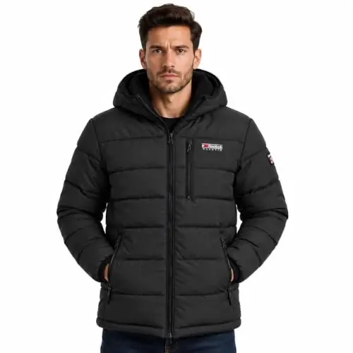 Reebok Mens Sherpa Puffer Jacket, Water & Wind Resistant with Attached Hood | Weather-Resistant Taffeta Quilted Shell, Vislon Zippers with Logo Pullers, Lycra-Bound Hood, Cuffs & Hem - 1