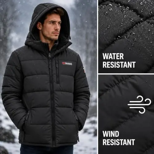 Reebok Mens Sherpa Puffer Jacket, Water & Wind Resistant with Attached Hood | Weather-Resistant Taffeta Quilted Shell, Vislon Zippers with Logo Pullers, Lycra-Bound Hood, Cuffs & Hem - 4