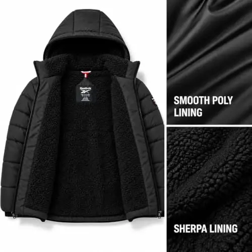 Reebok Mens Sherpa Puffer Jacket, Water & Wind Resistant with Attached Hood | Weather-Resistant Taffeta Quilted Shell, Vislon Zippers with Logo Pullers, Lycra-Bound Hood, Cuffs & Hem - 5
