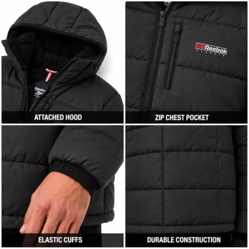 Reebok Mens Sherpa Puffer Jacket, Water & Wind Resistant with Attached Hood | Weather-Resistant Taffeta Quilted Shell, Vislon Zippers with Logo Pullers, Lycra-Bound Hood, Cuffs & Hem - 6