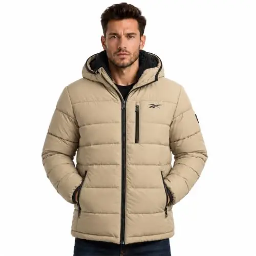 Reebok Mens Sherpa Puffer Jacket, Water & Wind Resistant with Attached Hood | Weather-Resistant Taffeta Quilted Shell, Vislon Zippers with Logo Pullers, Lycra-Bound Hood, Cuffs & Hem - 1