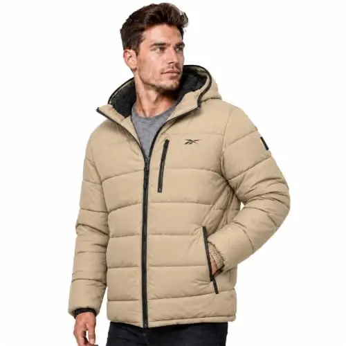 Reebok Mens Sherpa Puffer Jacket, Water & Wind Resistant with Attached Hood | Weather-Resistant Taffeta Quilted Shell, Vislon Zippers with Logo Pullers, Lycra-Bound Hood, Cuffs & Hem - 2