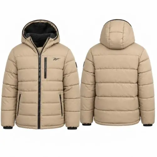 Reebok Mens Sherpa Puffer Jacket, Water & Wind Resistant with Attached Hood | Weather-Resistant Taffeta Quilted Shell, Vislon Zippers with Logo Pullers, Lycra-Bound Hood, Cuffs & Hem - 3