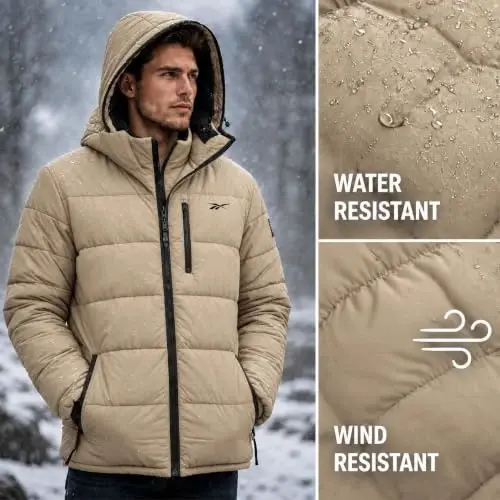 Reebok Mens Sherpa Puffer Jacket, Water & Wind Resistant with Attached Hood | Weather-Resistant Taffeta Quilted Shell, Vislon Zippers with Logo Pullers, Lycra-Bound Hood, Cuffs & Hem - 4
