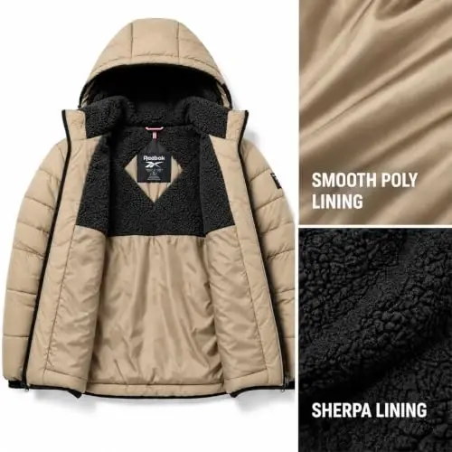 Reebok Mens Sherpa Puffer Jacket, Water & Wind Resistant with Attached Hood | Weather-Resistant Taffeta Quilted Shell, Vislon Zippers with Logo Pullers, Lycra-Bound Hood, Cuffs & Hem - 5