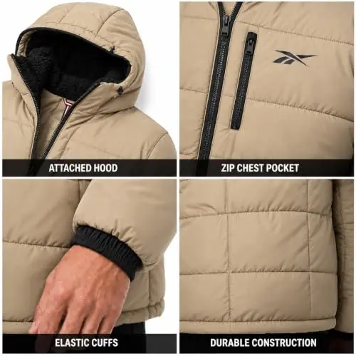 Reebok Mens Sherpa Puffer Jacket, Water & Wind Resistant with Attached Hood | Weather-Resistant Taffeta Quilted Shell, Vislon Zippers with Logo Pullers, Lycra-Bound Hood, Cuffs & Hem - 6