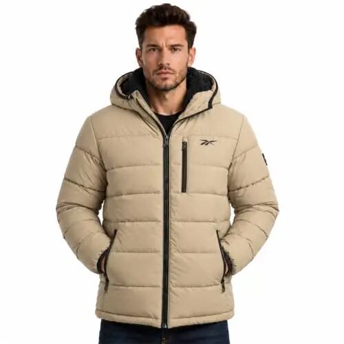 Reebok Mens Sherpa Puffer Jacket, Water & Wind Resistant with Attached Hood | Weather-Resistant Taffeta Quilted Shell, Vislon Zippers with Logo Pullers, Lycra-Bound Hood, Cuffs & Hem - Reebok