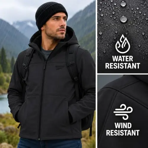 Reebok Mens Softshell Jacket - Bonded Sherpa Fleece Lined Winter Coat | Wind & Water-Resistant Shell, Adjustable Drawcord Hood, Reversed-Coil Zippers with Logo Pulls, Hidden Zip Hand Pockets - 4