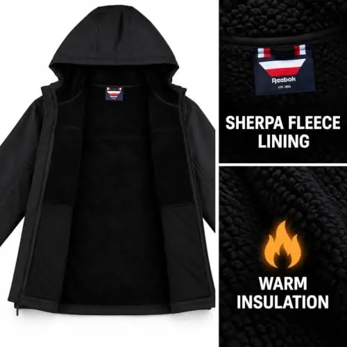 Reebok Mens Softshell Jacket - Bonded Sherpa Fleece Lined Winter Coat | Wind & Water-Resistant Shell, Adjustable Drawcord Hood, Reversed-Coil Zippers with Logo Pulls, Hidden Zip Hand Pockets - 5