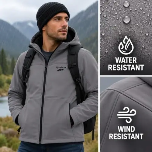 Reebok Mens Softshell Jacket - Bonded Sherpa Fleece Lined Winter Coat | Wind & Water-Resistant Shell, Adjustable Drawcord Hood, Reversed-Coil Zippers with Logo Pulls, Hidden Zip Hand Pockets - 4