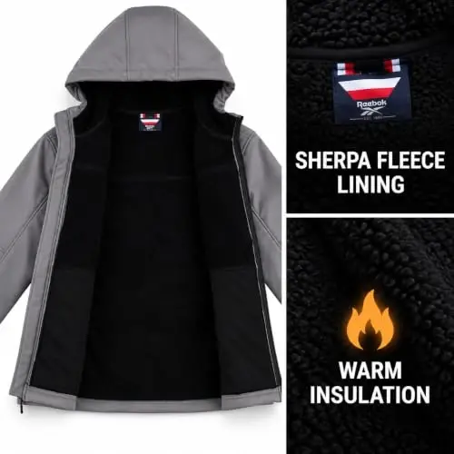 Reebok Mens Softshell Jacket - Bonded Sherpa Fleece Lined Winter Coat | Wind & Water-Resistant Shell, Adjustable Drawcord Hood, Reversed-Coil Zippers with Logo Pulls, Hidden Zip Hand Pockets - 5