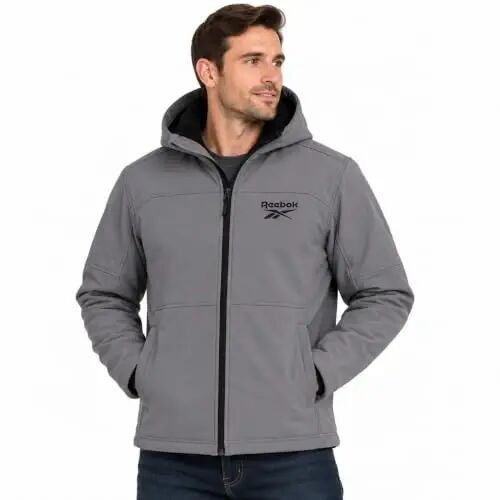 Reebok Mens Softshell Jacket - Bonded Sherpa Fleece Lined Winter Coat | Wind & Water-Resistant Shell, Adjustable Drawcord Hood, Reversed-Coil Zippers with Logo Pulls, Hidden Zip Hand Pockets - Reebok