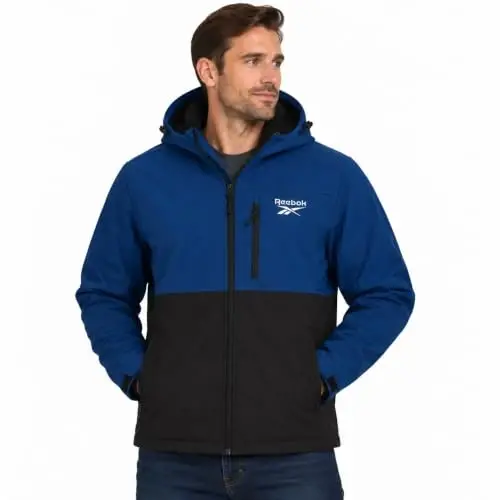 Reebok Mens Softshell Jacket - Bonded Sherpa Fleece Lined Winter Coat | Wind & Water-Resistant Shell, Adjustable Drawcord Hood, Reversed-Coil Zippers with Logo Pulls, Hidden Zip Hand Pockets - 1