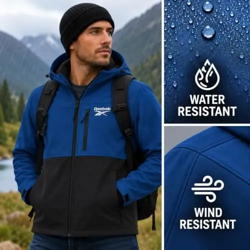 Reebok Mens Softshell Jacket - Bonded Sherpa Fleece Lined Winter Coat | Wind & Water-Resistant Shell, Adjustable Drawcord Hood, Reversed-Coil Zippers with Logo Pulls, Hidden Zip Hand Pockets - 4