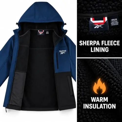 Reebok Mens Softshell Jacket - Bonded Sherpa Fleece Lined Winter Coat | Wind & Water-Resistant Shell, Adjustable Drawcord Hood, Reversed-Coil Zippers with Logo Pulls, Hidden Zip Hand Pockets - 5