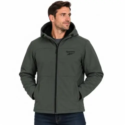 Reebok Mens Softshell Jacket - Bonded Sherpa Fleece Lined Winter Coat | Wind & Water-Resistant Shell, Adjustable Drawcord Hood, Reversed-Coil Zippers with Logo Pulls, Hidden Zip Hand Pockets - 1