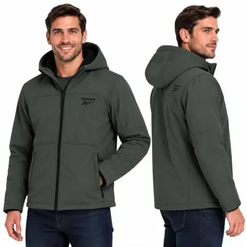 Reebok Mens Softshell Jacket - Bonded Sherpa Fleece Lined Winter Coat | Wind & Water-Resistant Shell, Adjustable Drawcord Hood, Reversed-Coil Zippers with Logo Pulls, Hidden Zip Hand Pockets - Reebok (1)