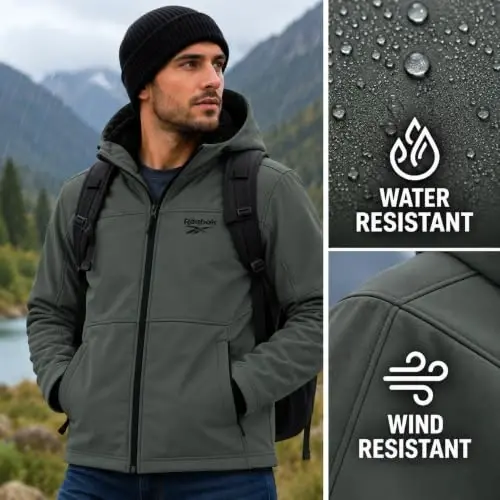 Reebok Mens Softshell Jacket - Bonded Sherpa Fleece Lined Winter Coat | Wind & Water-Resistant Shell, Adjustable Drawcord Hood, Reversed-Coil Zippers with Logo Pulls, Hidden Zip Hand Pockets - 4