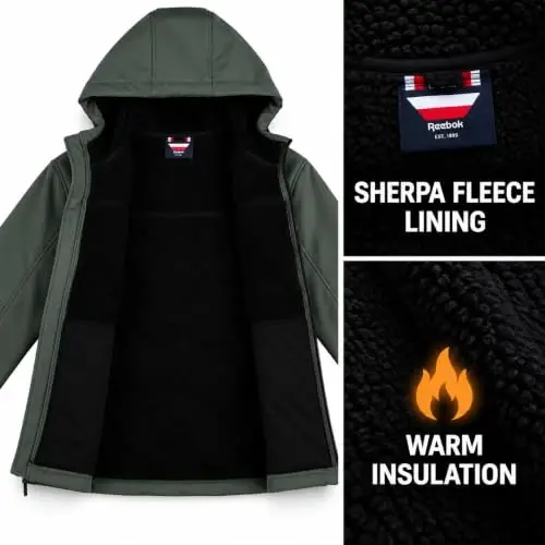 Reebok Mens Softshell Jacket - Bonded Sherpa Fleece Lined Winter Coat | Wind & Water-Resistant Shell, Adjustable Drawcord Hood, Reversed-Coil Zippers with Logo Pulls, Hidden Zip Hand Pockets - 5