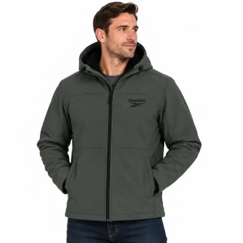 Reebok Mens Softshell Jacket - Bonded Sherpa Fleece Lined Winter Coat | Wind & Water-Resistant Shell, Adjustable Drawcord Hood, Reversed-Coil Zippers with Logo Pulls, Hidden Zip Hand Pockets - Reebok