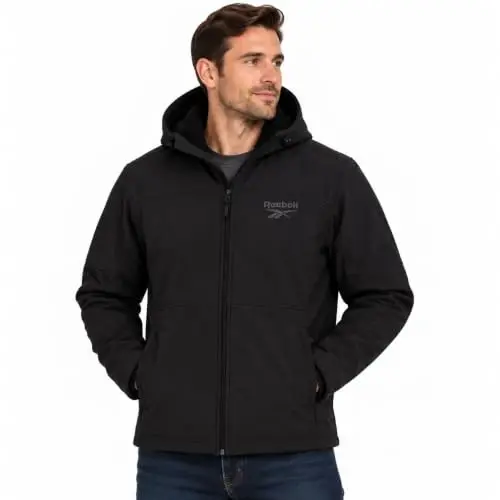 Reebok Mens Softshell Jacket Midweight Bonded Sherpa Hooded Winter Coat | Wind & Water-Resistant Shell, Adjustable Drawcord Hood, Reversed-Coil Zippers with Logo Pulls, Hidden Zip Hand Pockets - 1
