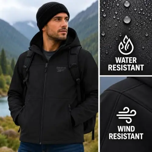 Reebok Mens Softshell Jacket Midweight Bonded Sherpa Hooded Winter Coat | Wind & Water-Resistant Shell, Adjustable Drawcord Hood, Reversed-Coil Zippers with Logo Pulls, Hidden Zip Hand Pockets - 4