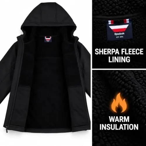 Reebok Mens Softshell Jacket Midweight Bonded Sherpa Hooded Winter Coat | Wind & Water-Resistant Shell, Adjustable Drawcord Hood, Reversed-Coil Zippers with Logo Pulls, Hidden Zip Hand Pockets - 5