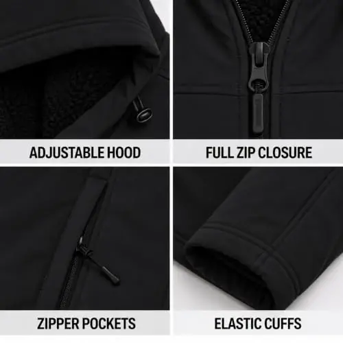 Reebok Mens Softshell Jacket Midweight Bonded Sherpa Hooded Winter Coat | Wind & Water-Resistant Shell, Adjustable Drawcord Hood, Reversed-Coil Zippers with Logo Pulls, Hidden Zip Hand Pockets - 6