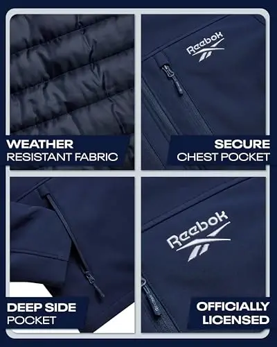Reebok Mens Winter Coats - 3 in 1 System Hooded Softshell Windbreaker Jacket and Quilted Puffer Insulated Mens Ski Jacket - 4