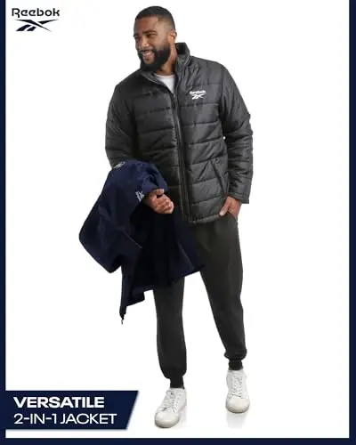 Reebok Mens Winter Coats - 3 in 1 System Hooded Softshell Windbreaker Jacket and Quilted Puffer Insulated Mens Ski Jacket - 6
