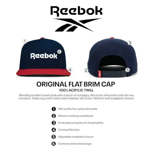 Reebok Originals Hat | Snapback | Adjustable | Flat Brim | Classic | Baseball Cap | Athletic Styling | Acrylic - 6