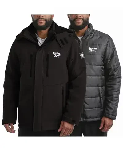 Reebok Softshell erkaklar qishki palto - 3 tasi 1 da tizimli qalpoqli softshell shamoldan himoyalovchi va erkaklar uchun tikilgan puffer qishki kurtkalar - REEBOK