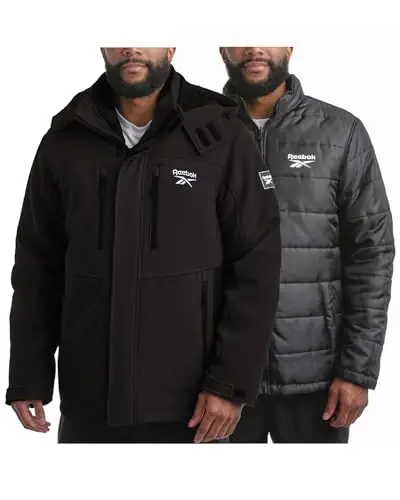 Reebok Softshell Mens Winter Coats - 3 in 1 System Hooded Softshell Windbreaker and Quilted Puffer Winter Jackets for Men - 1