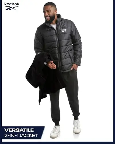 Reebok Softshell Mens Winter Coats - 3 in 1 System Hooded Softshell Windbreaker and Quilted Puffer Winter Jackets for Men - 6