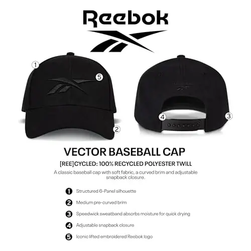 Reebok Vector Baseball Hat | Snapback | Six Panel | Casual | Everyday | Sun Protection | Lightweight | Breathable - White - 7