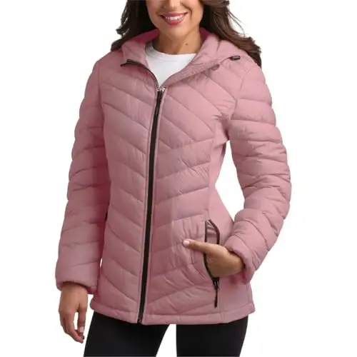 Reebok Womens Jacket - Lightweight Softshell Quilted Jackets for Women Zip Up Hooded Winter Coat Outerwear with Pockets 