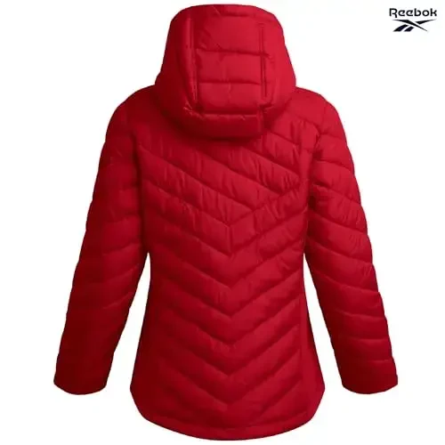 Reebok Womens Puffer Jacket - Lightweight Quilted Snow Glacier Shield Full Zip Winter Coat for Women with Hood & Zip Pockets - 6