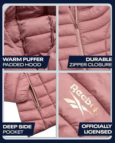 Reebok Womens Puffer Jacket - Lightweight Quilted Snow Glacier Shield Zip Up Bubble Winter Coat for Women with Hood & Pockets - 2