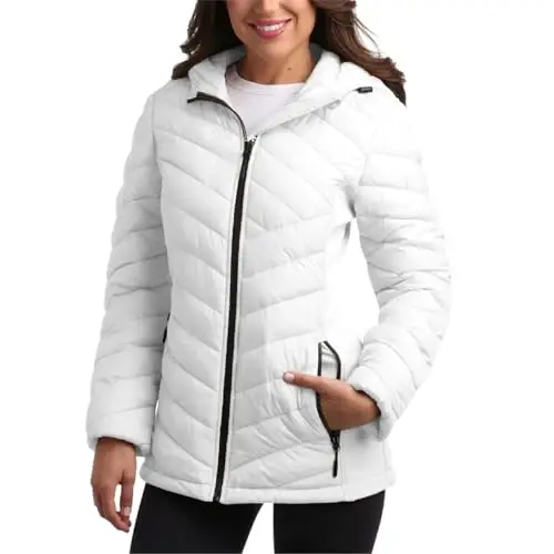 Reebok Womens Puffer Jacket - Midweight Quilted Snow Glacier Shield Full Zip Winter Coat for Women with Hood & Zip Pockets - REEBOK